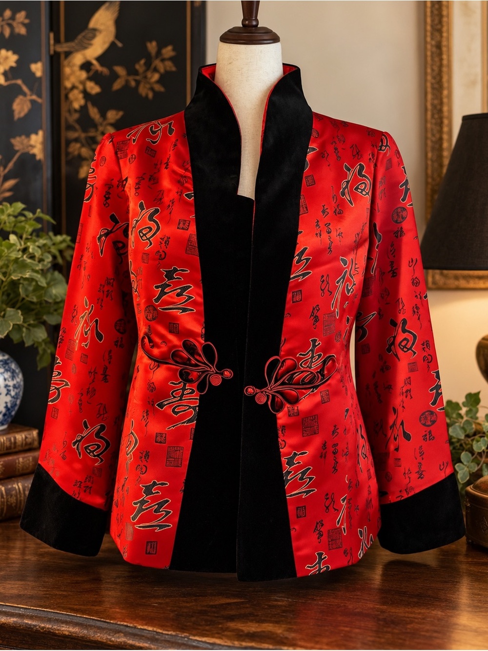 Classic Red Mandarin Collar Jacket with Black Trim